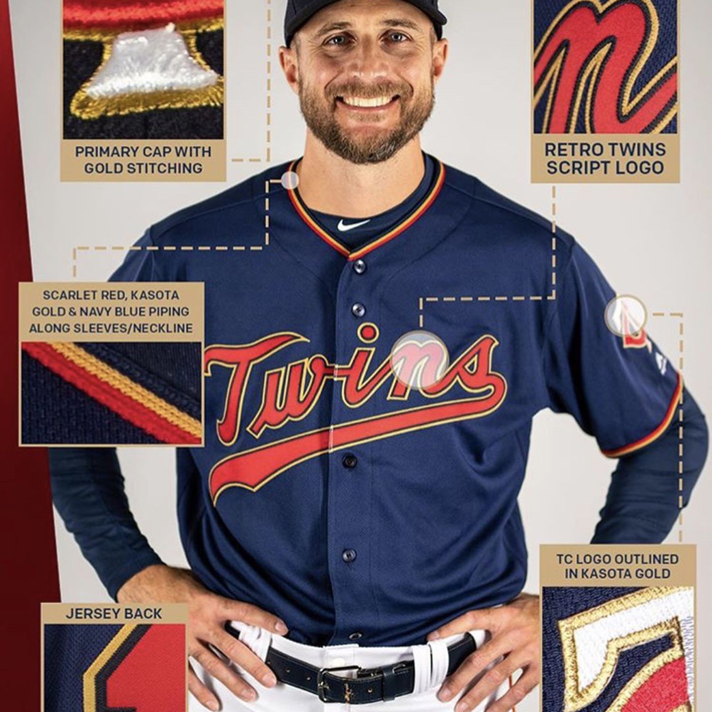 Twins replace creamcolored home uniforms with navy blue, scarlet red